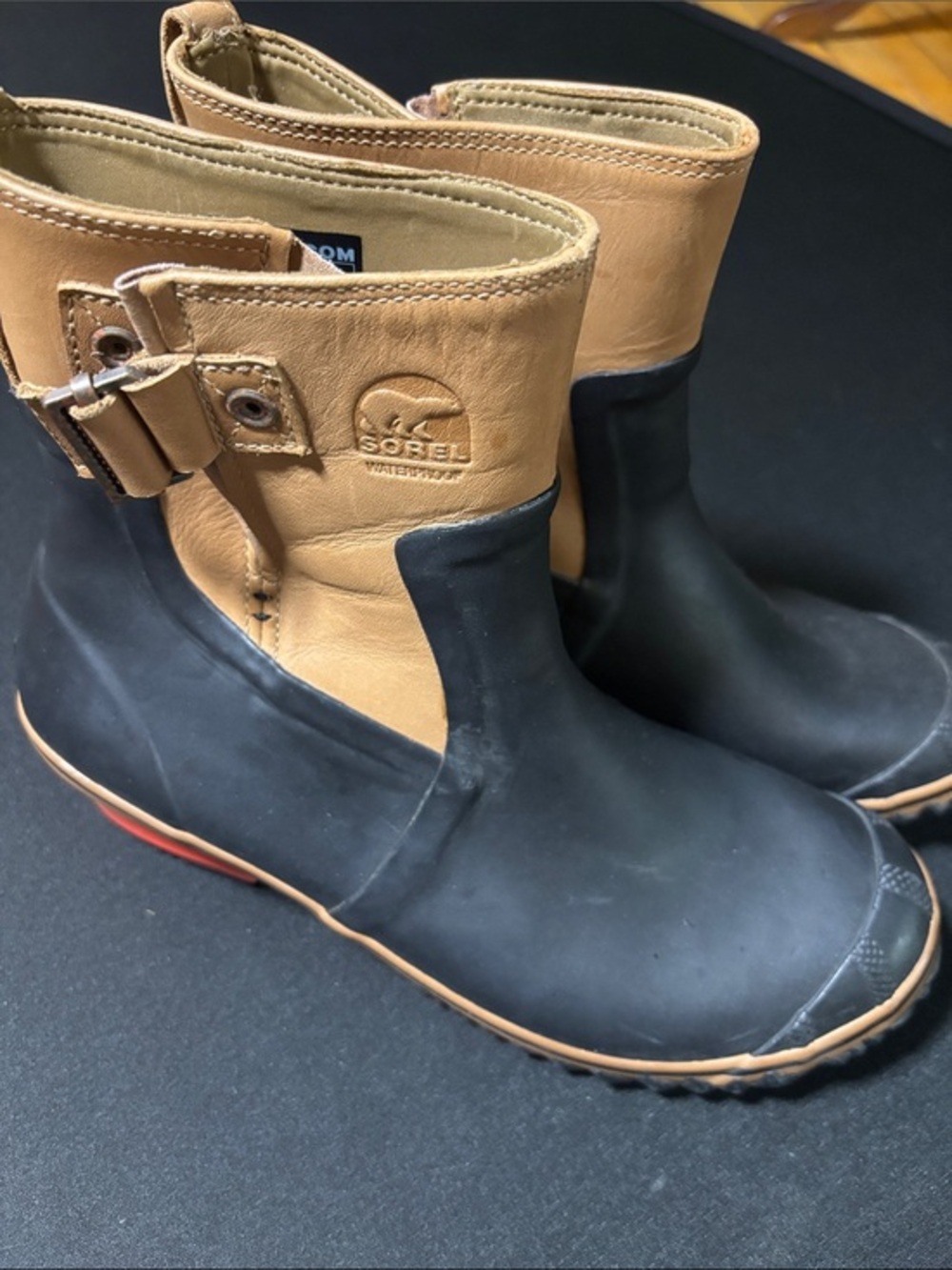 Sorel Black Rubber & Tan Leather Short Waterproof Boots